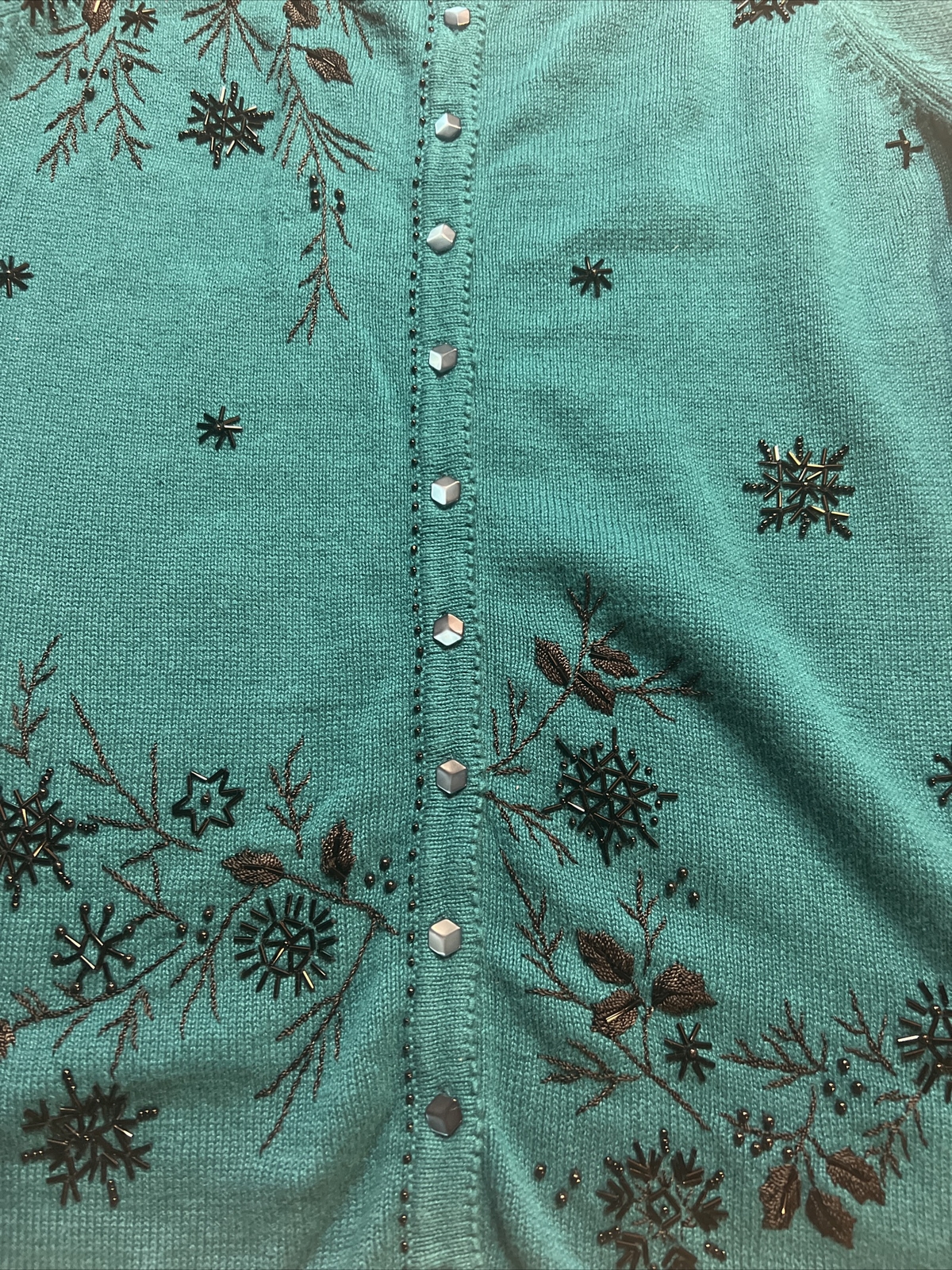 Vintage Teal Blue Beaded Button Down Cardigan Sweater Stitches In Time Size 1X