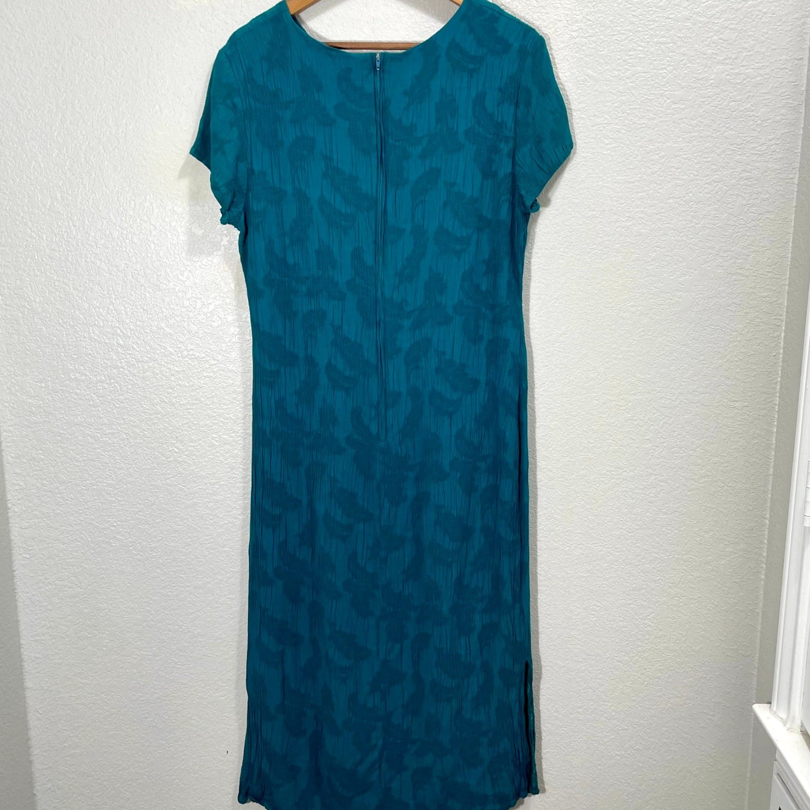 Vintage 1990s Molly Malloy Jacquard Sheath Rayon Midi Dress Teal Blue Size Large