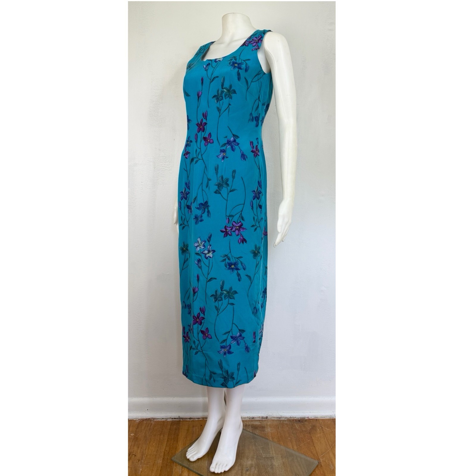 Vintage Bright Blue Floral Silk Dress Size Small 90s Sleeveless Midi Sundress