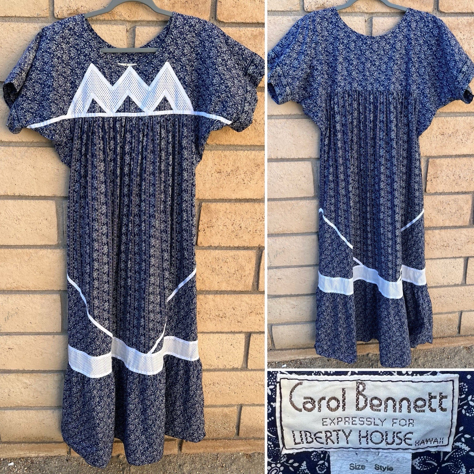 Carol Bennett Liberty House Hawaii Dress M Blue Floral Prairie Muu Muu Vintage