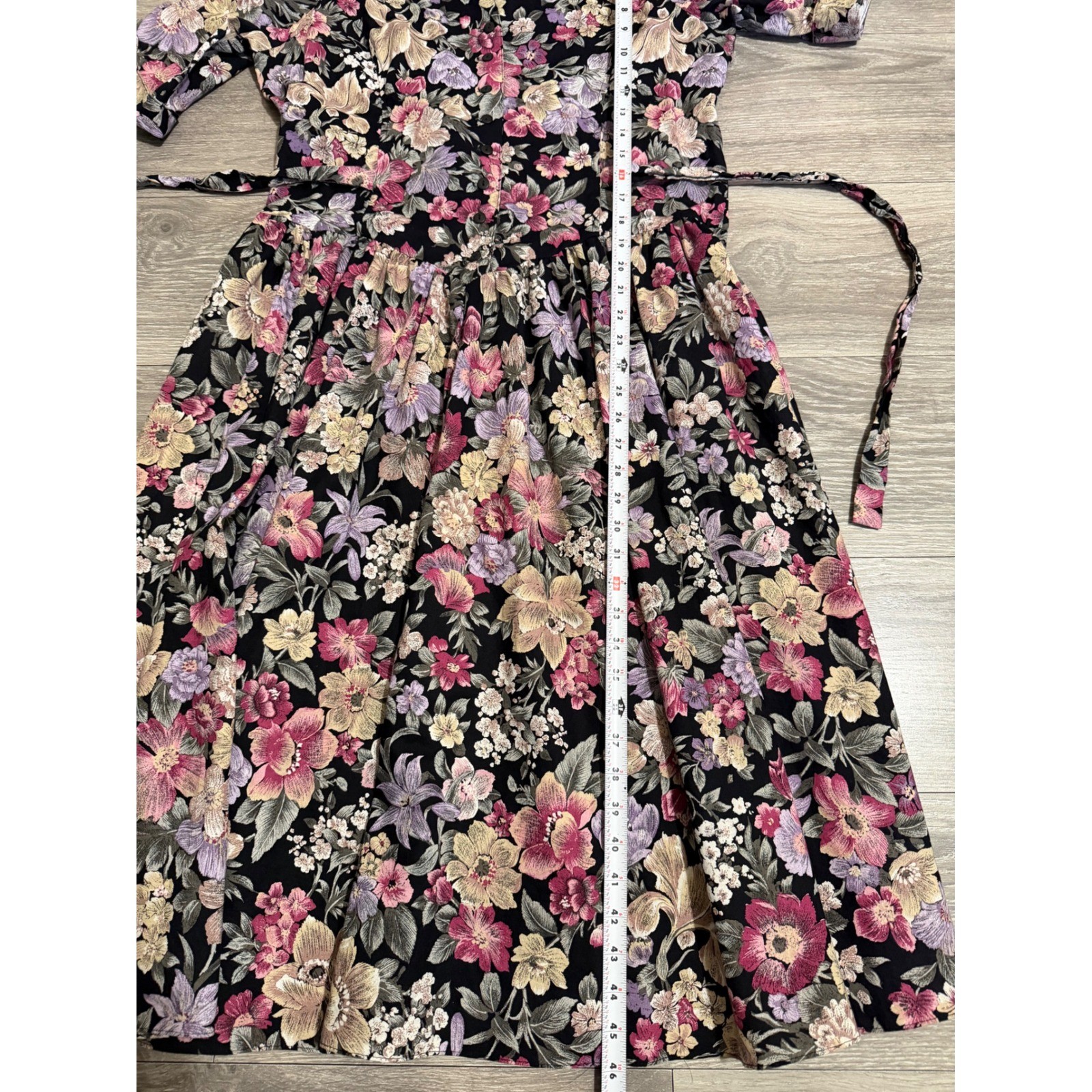 Miss Dorby Vintage 90s Floral Midi Dress L Black Purple Button Front USA Made