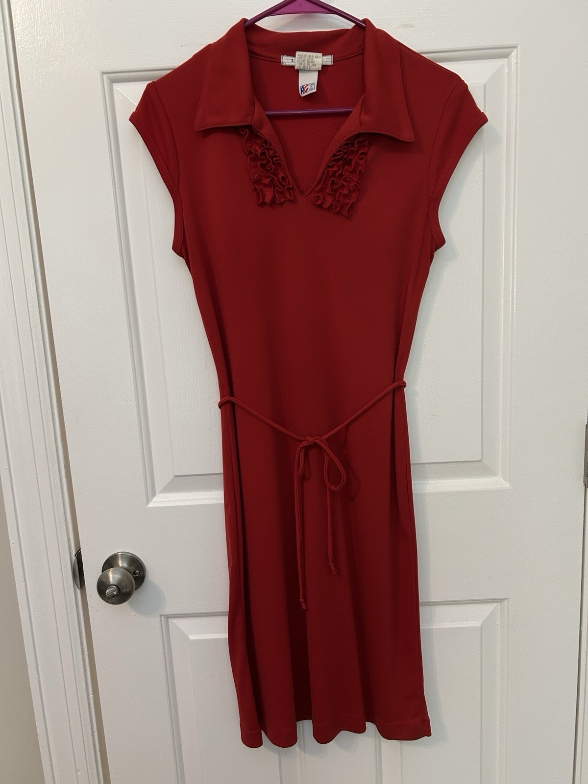 Vintage 70s Red Polyester Disco V-Neck Tie MIDI Dress Sz XS/S A-Line Ruffles