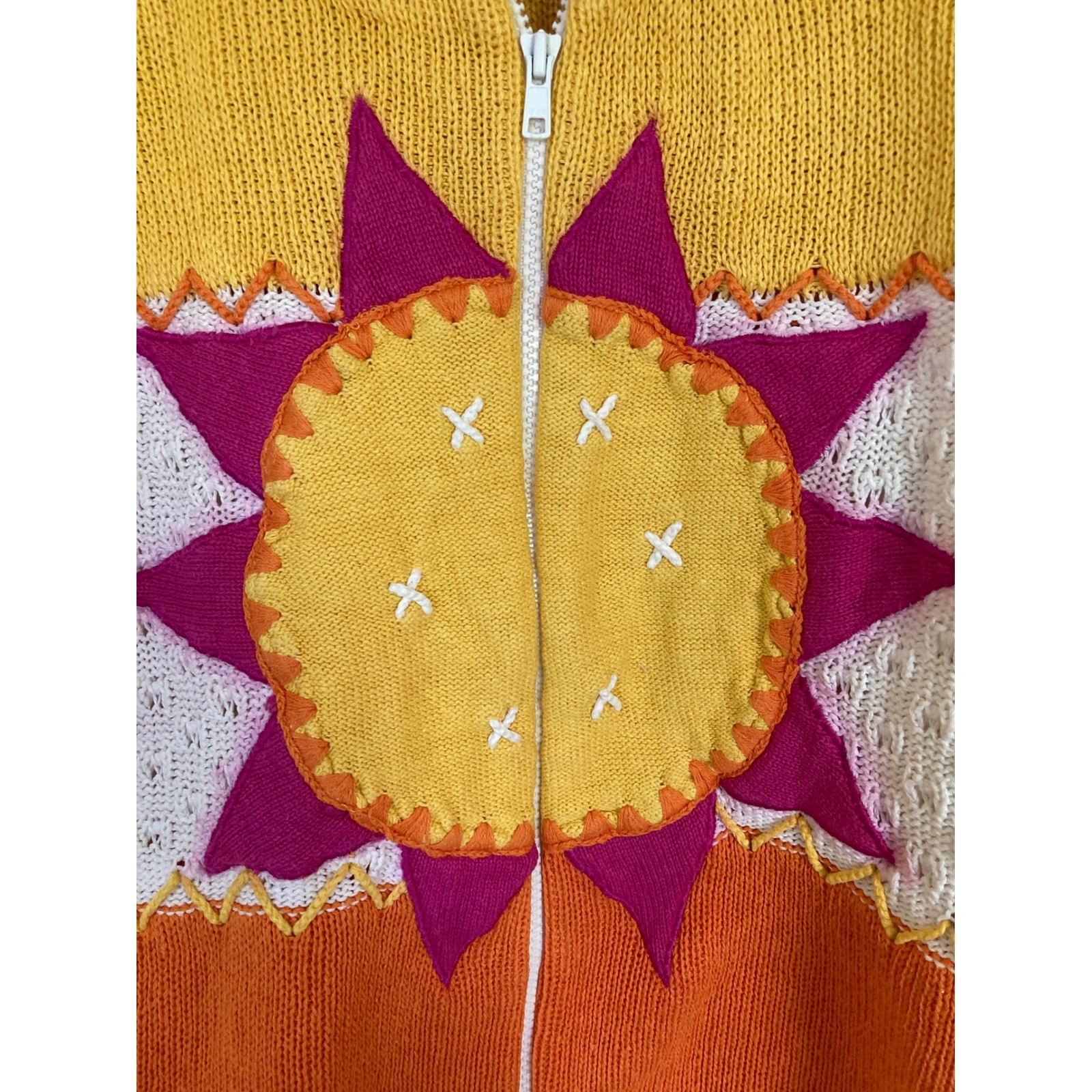 Vintage BellePointe Sunburst Zip Cardigan Sweater XL Yellow Orange White Ramie
