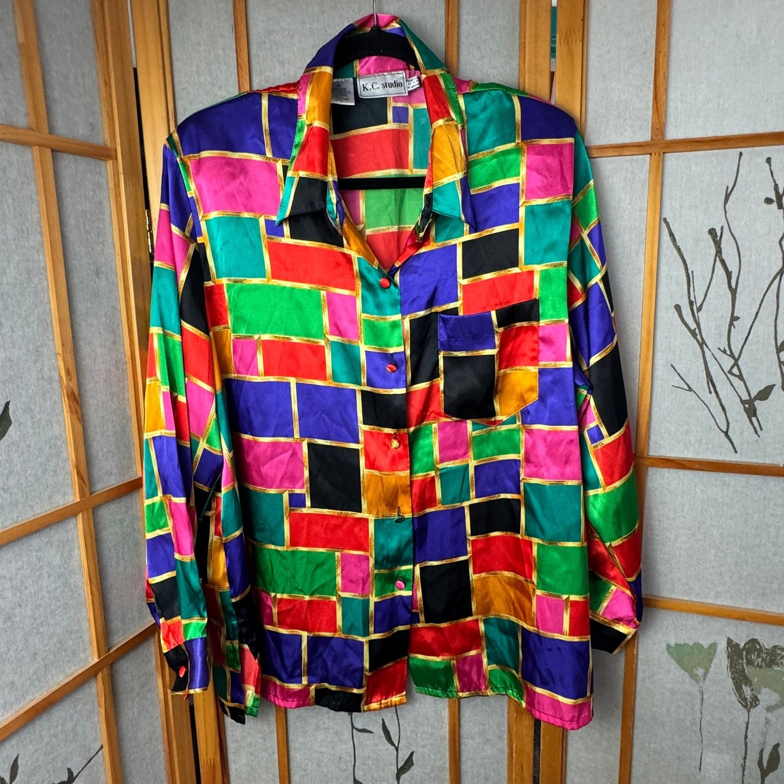Vintage Button Down Red Blue Yellow Green Color Block Silky 80s Retro Rainbow