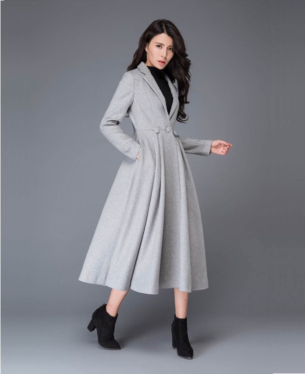Ladies Grey Coat Jacket Reverse Collar Wide Hem Tweed Long Winter Business