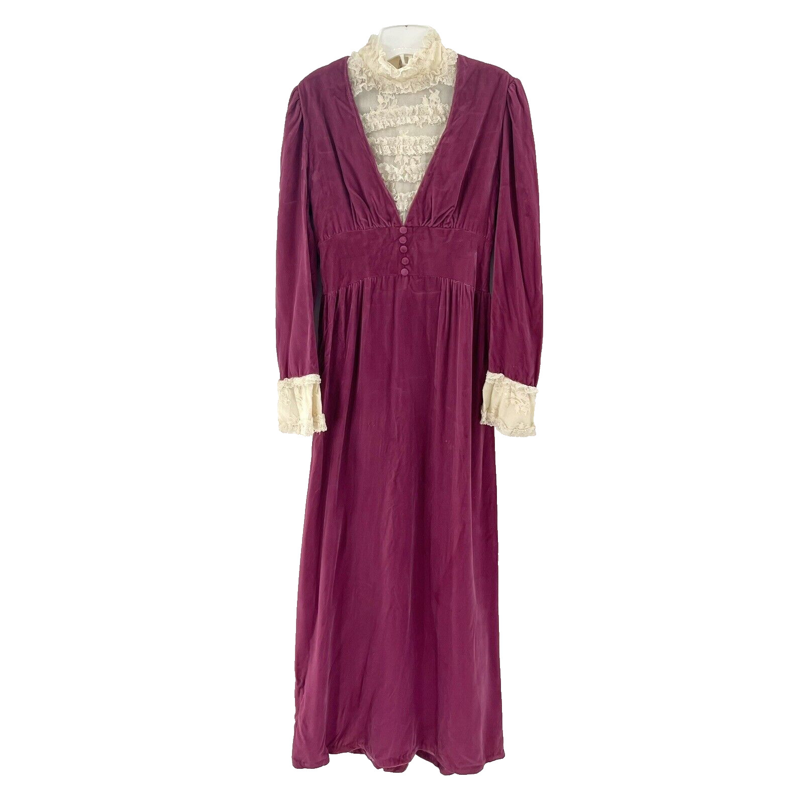 Vintage VTG Purple Velvet Womens Maxi Dress w White Lace Trim Details Size S/M
