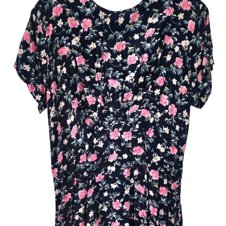 *Flawed* 80s Vintage Cottagecore Navy Pink Floral Rayon Maxi Dress ED Michaels