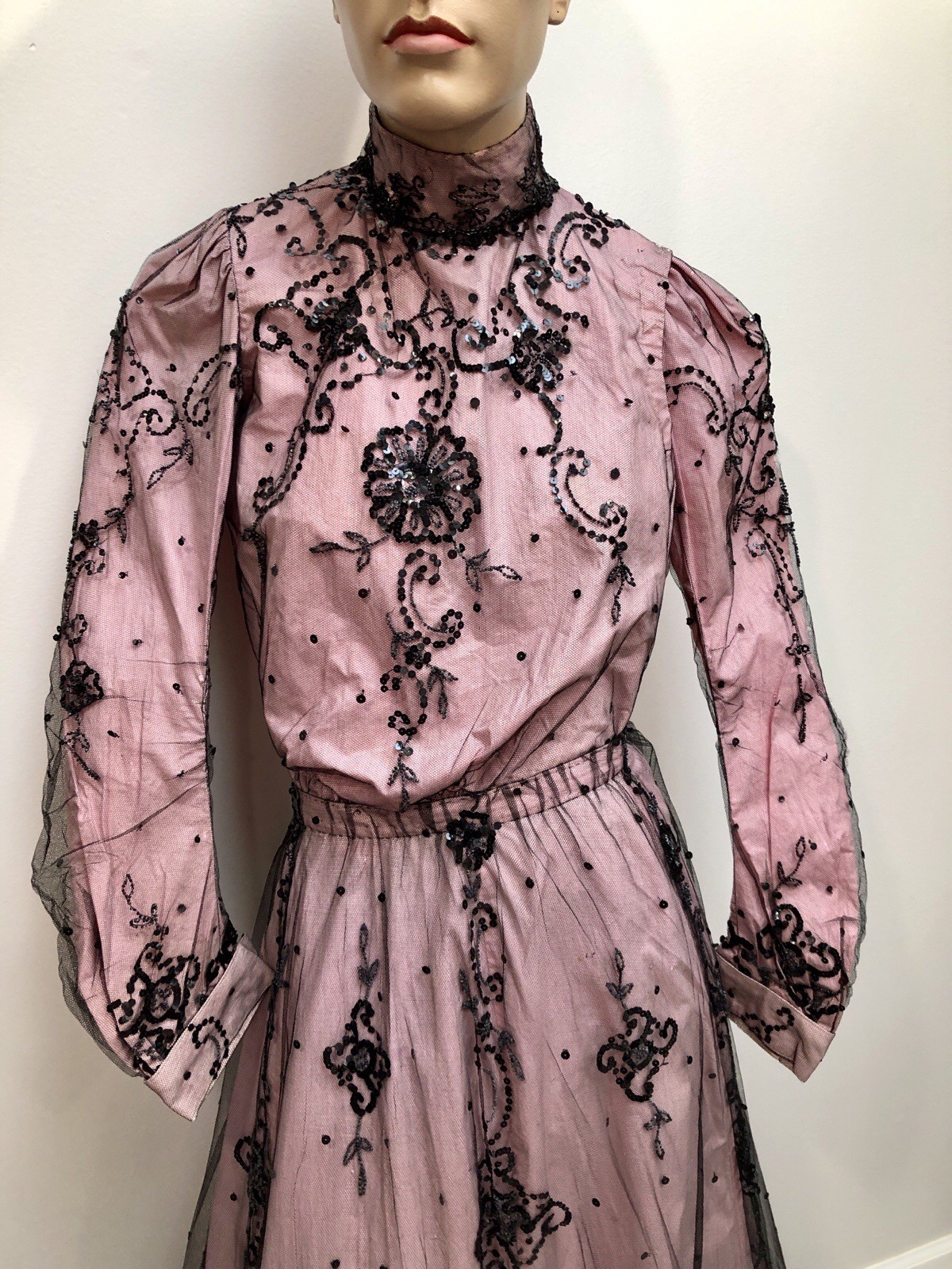 ANTIQUE VICTORIAN Early 1900s GIBSON GIRL PINK+Black JET SEQUIN BEADED 3Pc GOWN