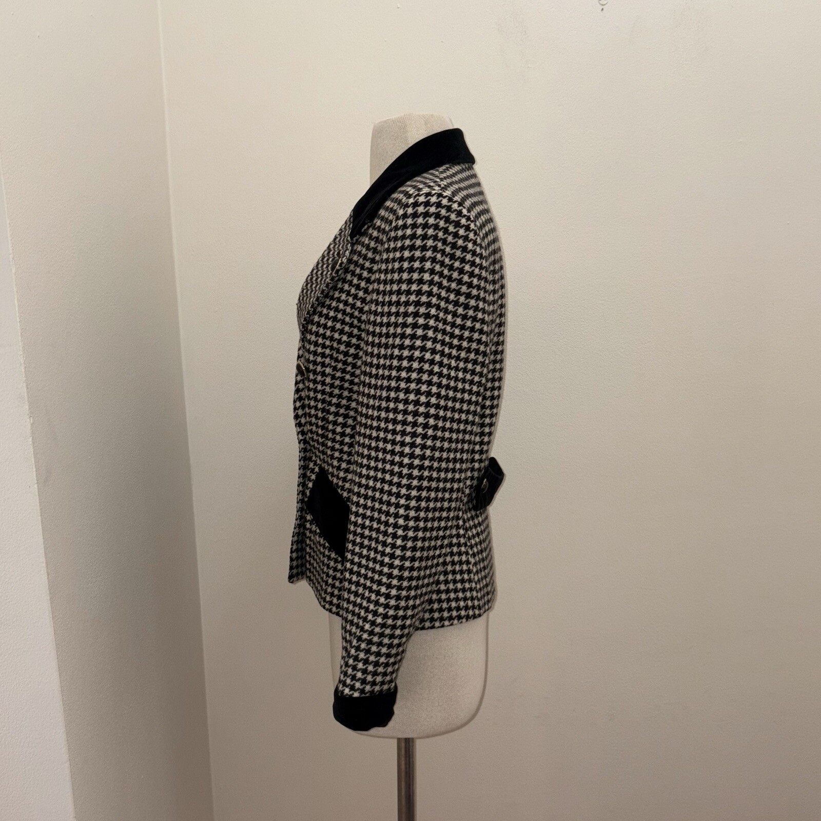 Vintage 80s Black/White Wool Houndstooth Double Breasted Blazer Sz S/M Old Money