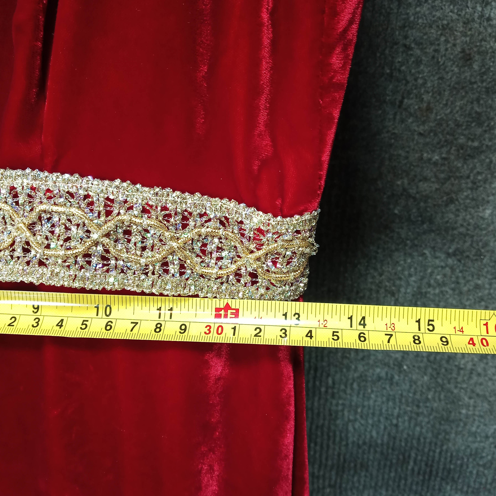 1950s Vintage Dress in Red Velvet Regal with Gold Lame Braid Detail