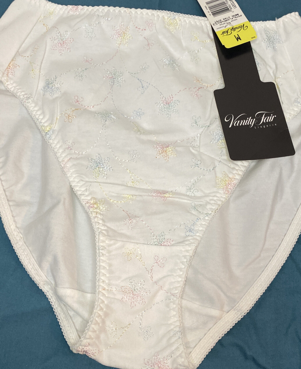 New w Tags Vtg Vanity Fair High Cut Cotton Panties Medium White Floral NOS 48453