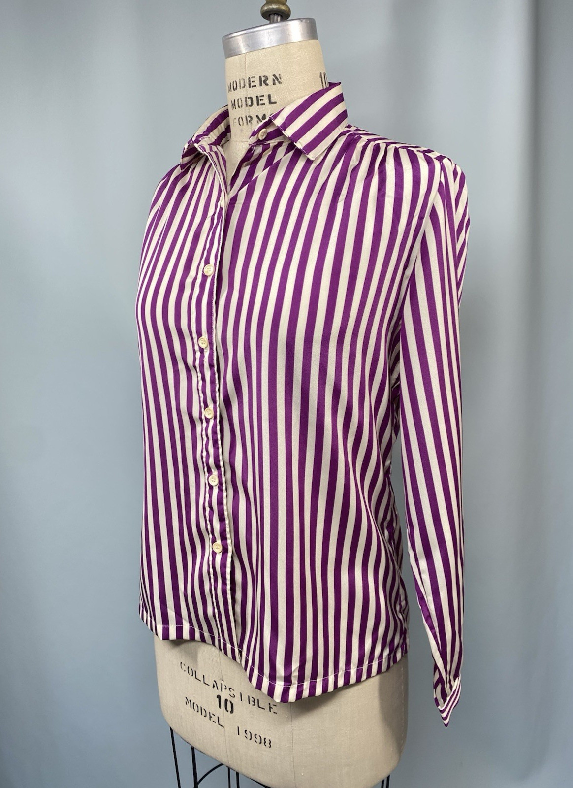 Vintage Blouse SIZE L 14 purple stripe SHAPELY classic 80s 90s long sleeve