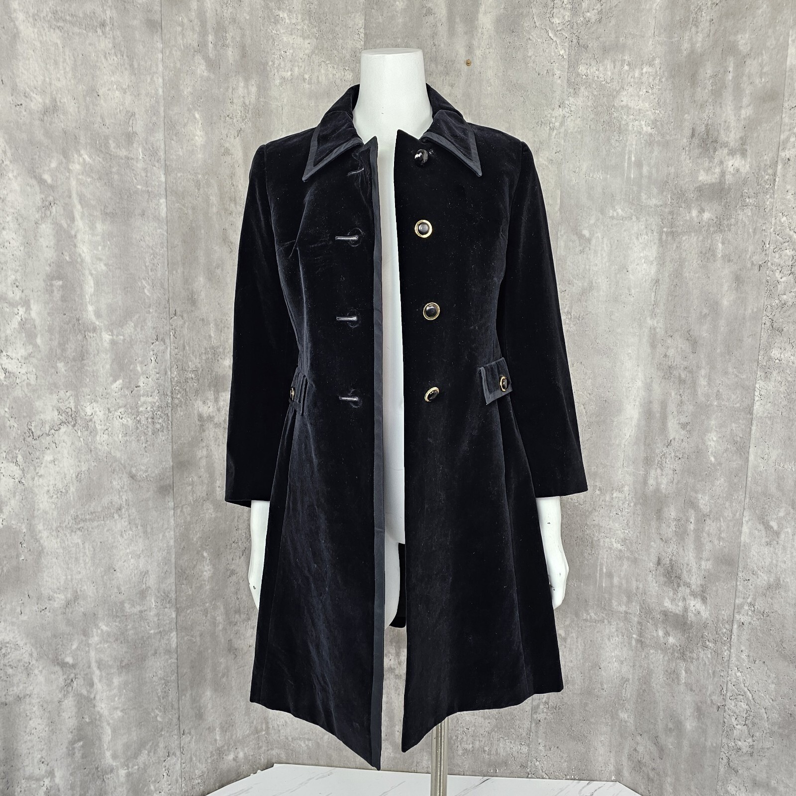 Vintage 60s Modelle Black Velveteen Pea Coat Gothic Victorian Mod Womens S
