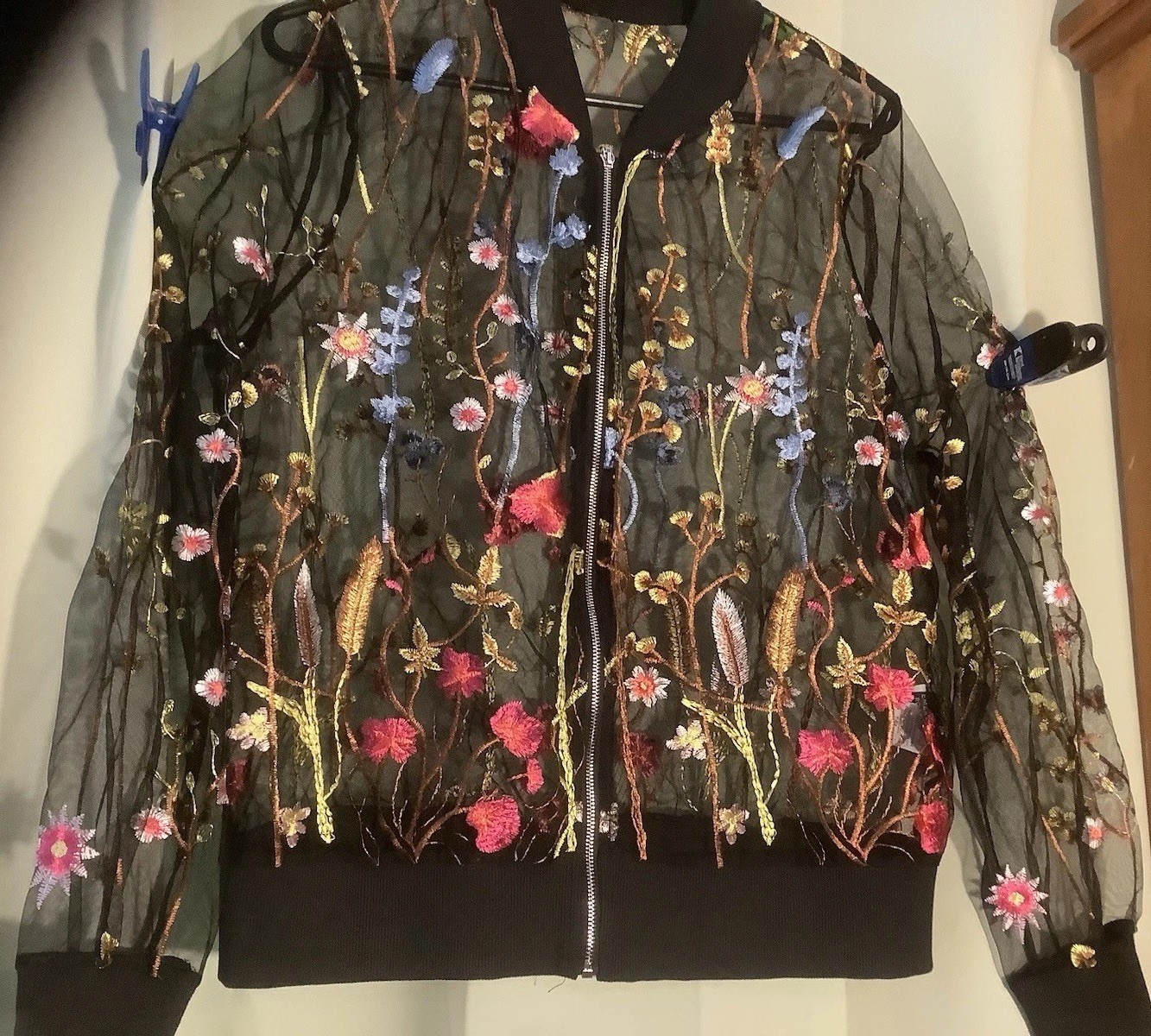 Embroidered Black Sheer Jacket Flowers Emory Rose Nylon Zippered Front Disco