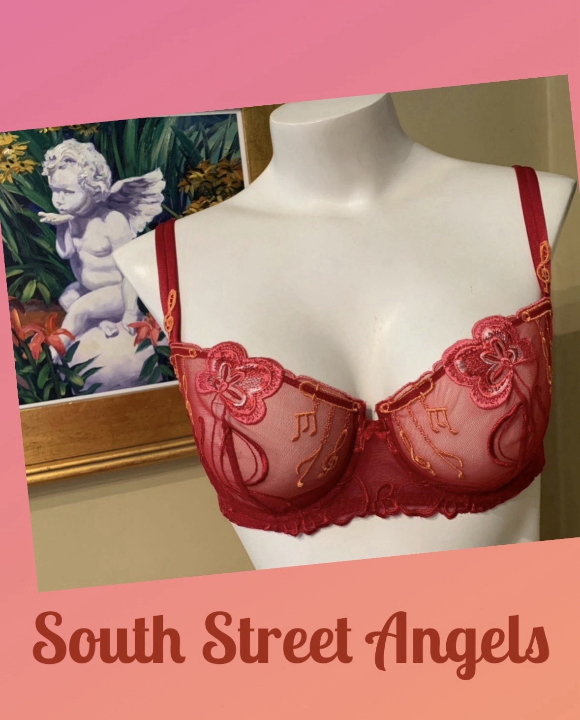 VINTAGE SIMONE PERELE 153330 RED SHEER OPERA MUSIC NOTE UNDERWIRE BRA 36C
