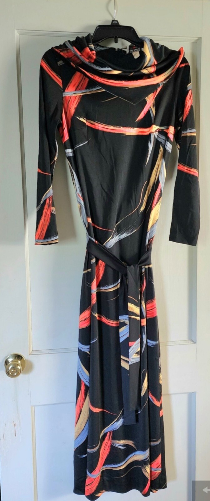 70’s Long Dress, Abstract Pattern, Cowl Neck, Black, Red, ILGWU, 38″ Bust