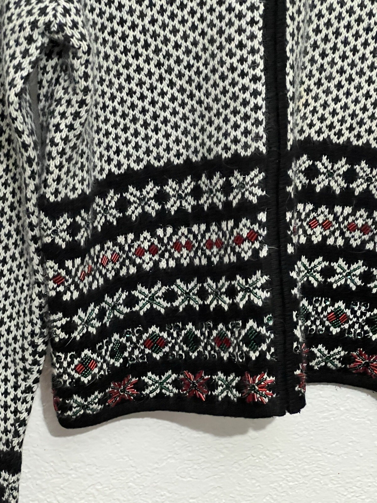 Sm Vtg Angora Blend Holiday Beaded Poinsettia Full Zip Sweater Grandma core ***