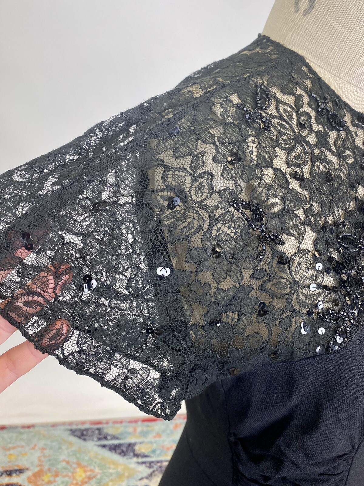 Antique Vintage 1930s Black Rayon Beaded Dress Lace Bodice Rouched Waist AS IS
