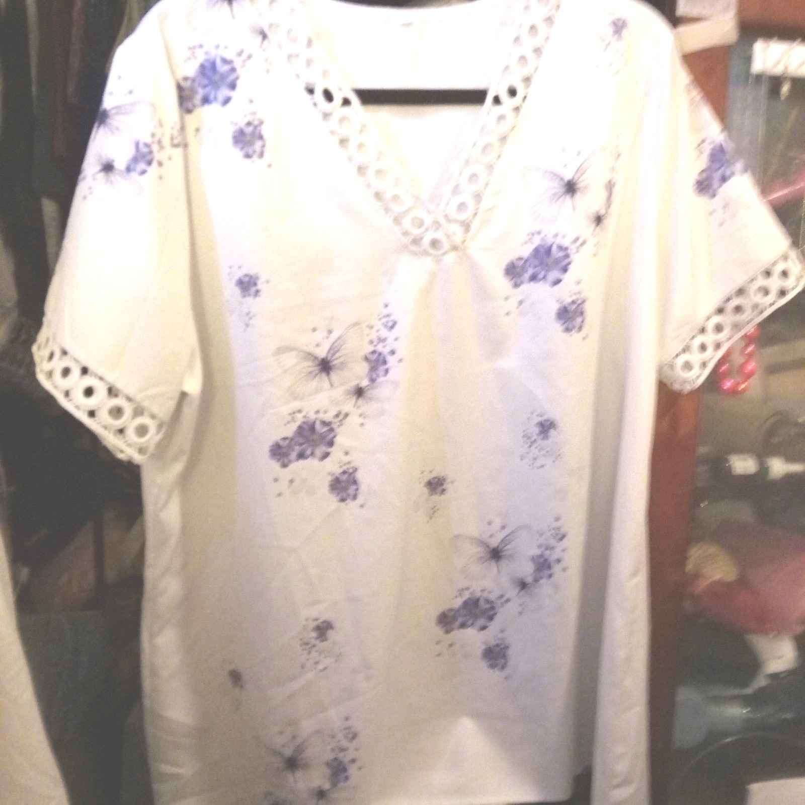 White Blouse Pullover With Purple Dragonflies Circled Embroidery Neck, Sleeve 2X