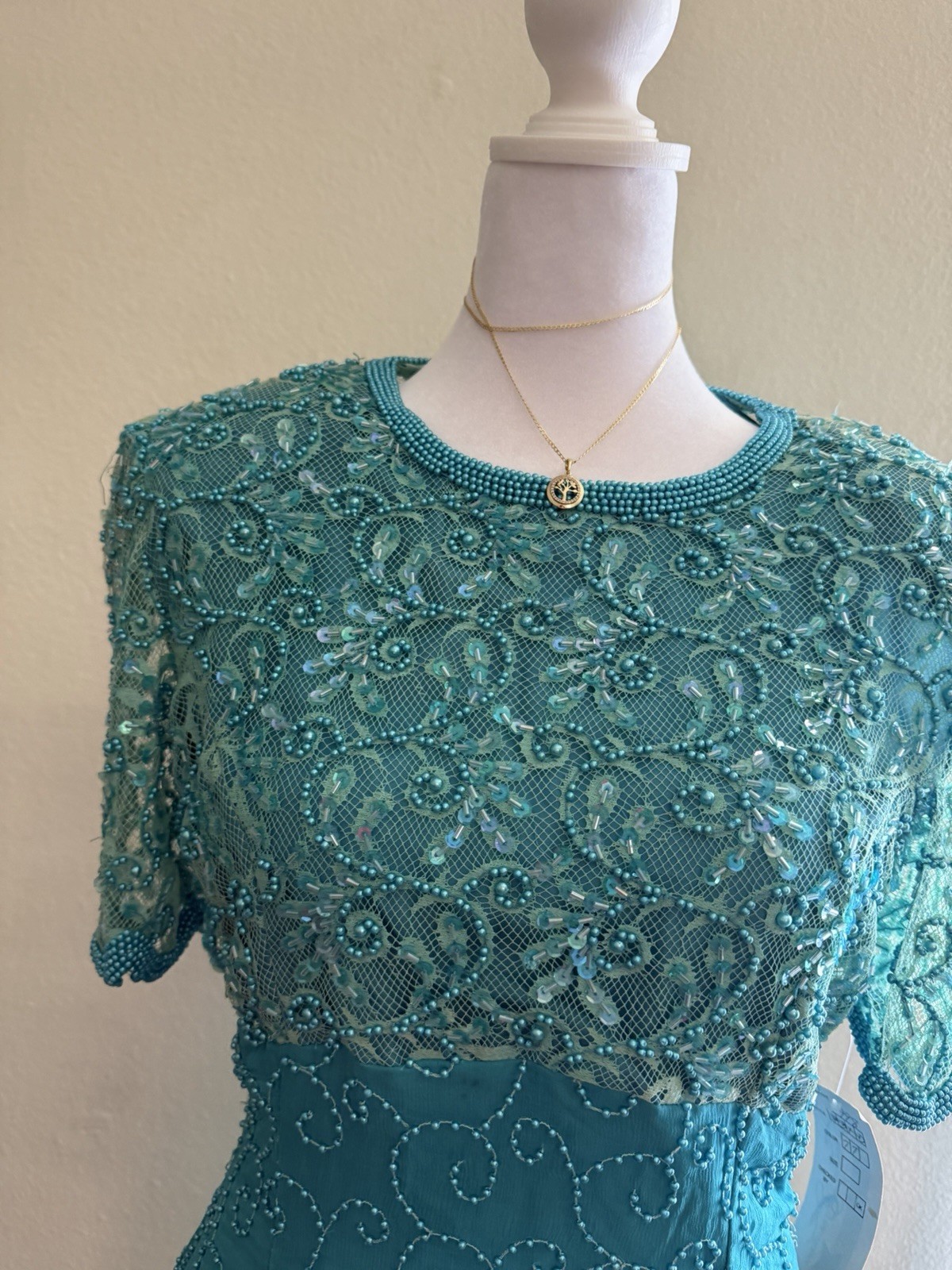 Creative Creations Vintage 100% Silk Dress – Teal Blue Beaded Embroidered Size 8