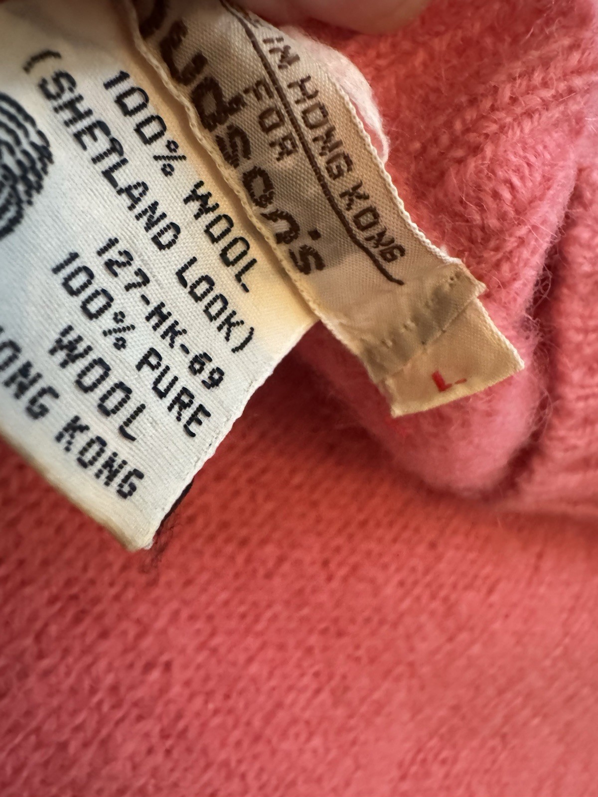 Vintage Hudson’s 100% Wool Sweater Pink Shetland Style Crewneck Hong Kong L