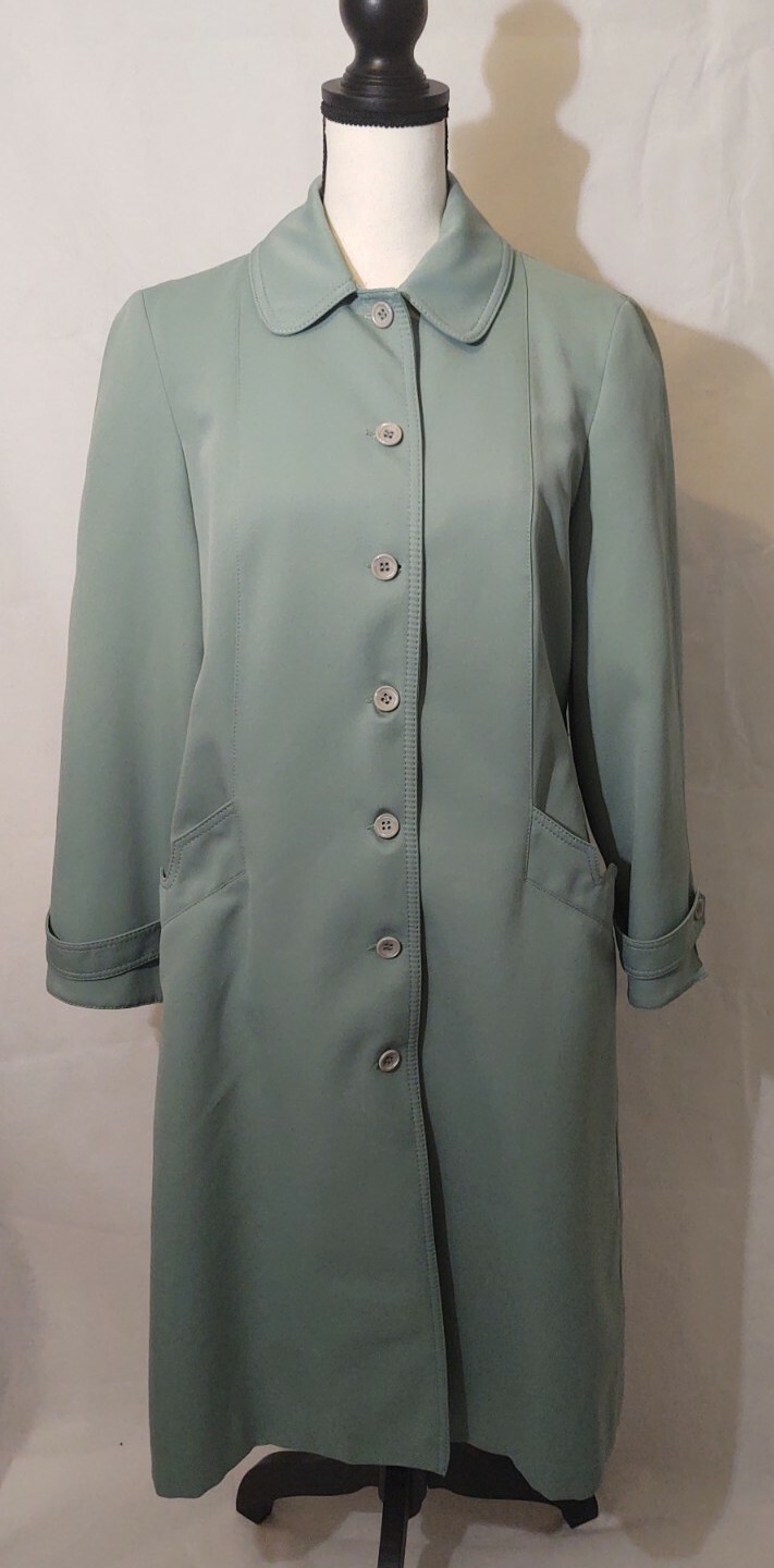 VTG FORECASTER OF BOSTON AQUA WOVEN POLYESTER TRENCH COAT DRESS RAINCOAT 9/10