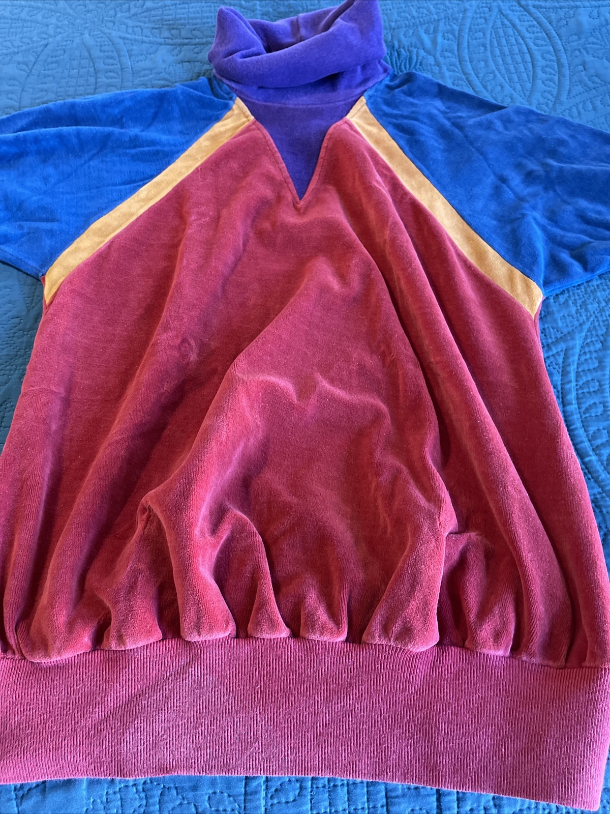 Hippie 80’s Woman’s Velour Tunic Pullover, Turtleneck, Long Sleeve, Color Block