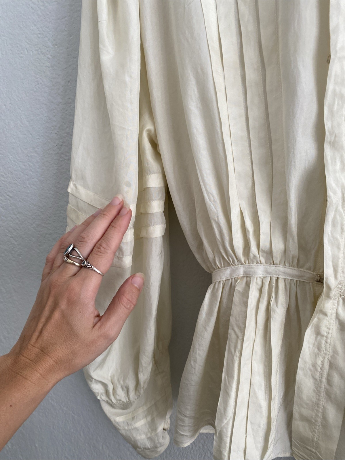 Antique Vintage White Silk Baloon Sleeve Pleated Blouse Floral Embroidery Sz XXL