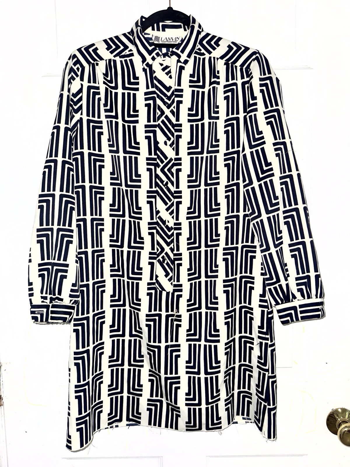 Rare Vintage Lanvin Silk Navy & Cream Geometric Dress 1970s
