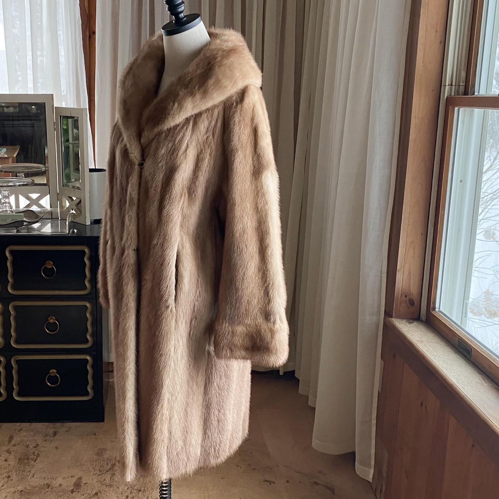 Vintage 60s mink coat midi autumn haze light brown shawl collar 46” bust EUC