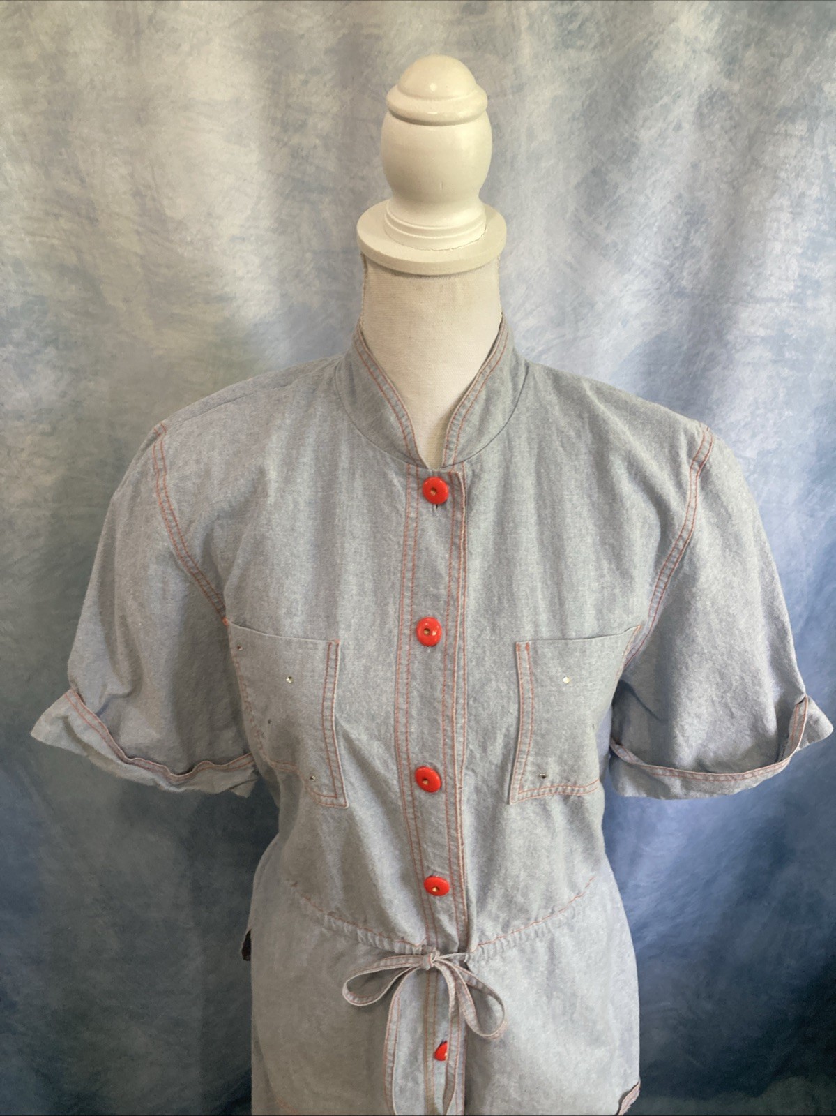 Vtg 80s Utility Blouse Midi Skirt Set Red Contrast Chambray Safari Separates 10