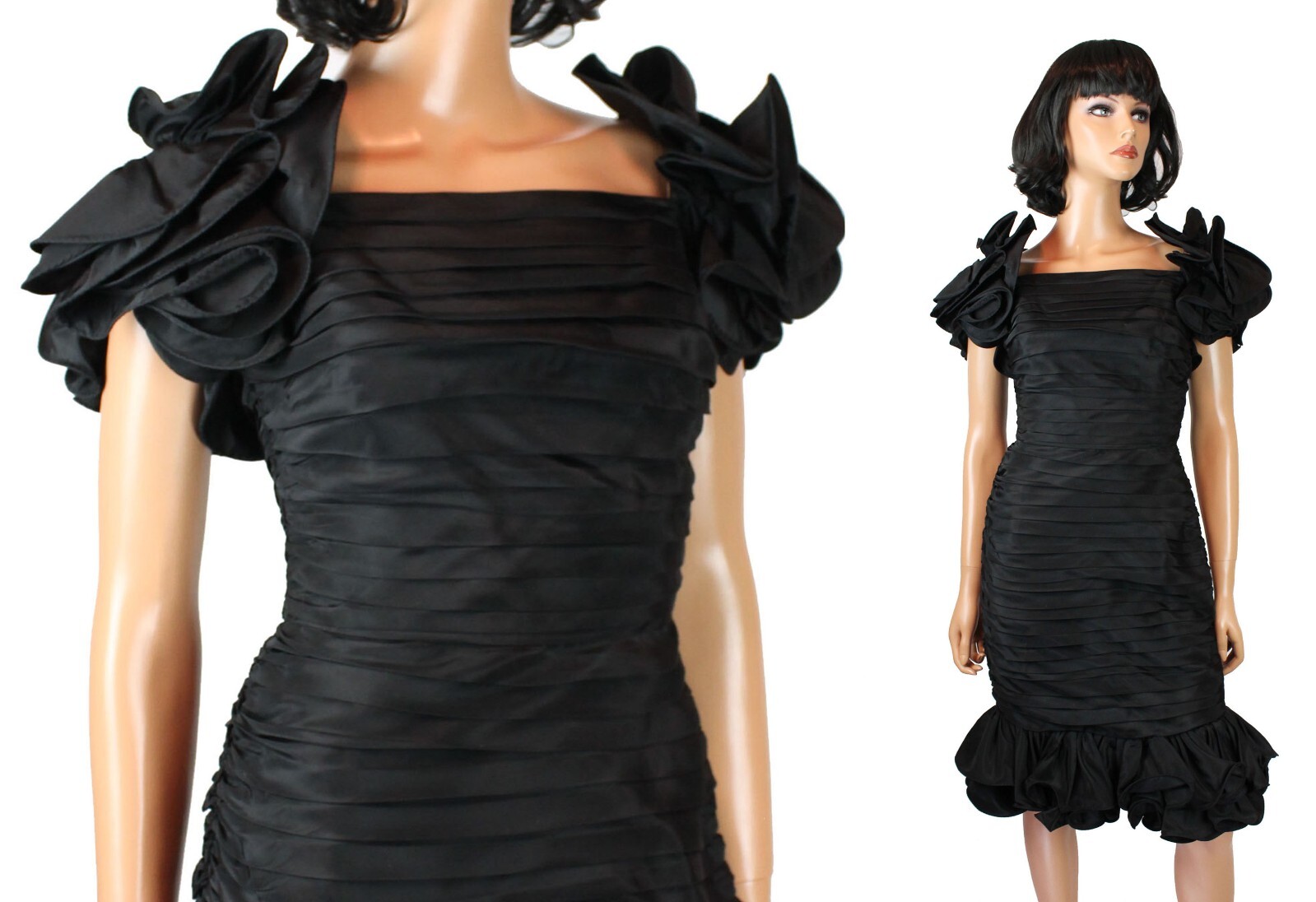 80s Prom Gown XS Vintage Black Taffeta Pleated Ruffled Wiggle Mermaid Dress