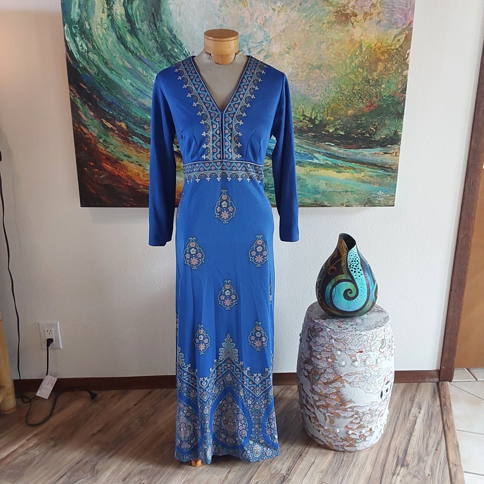 70’s Vintage Alred Shaheen Miss Shaheen Asian Colbalt Blue Maxi Dress