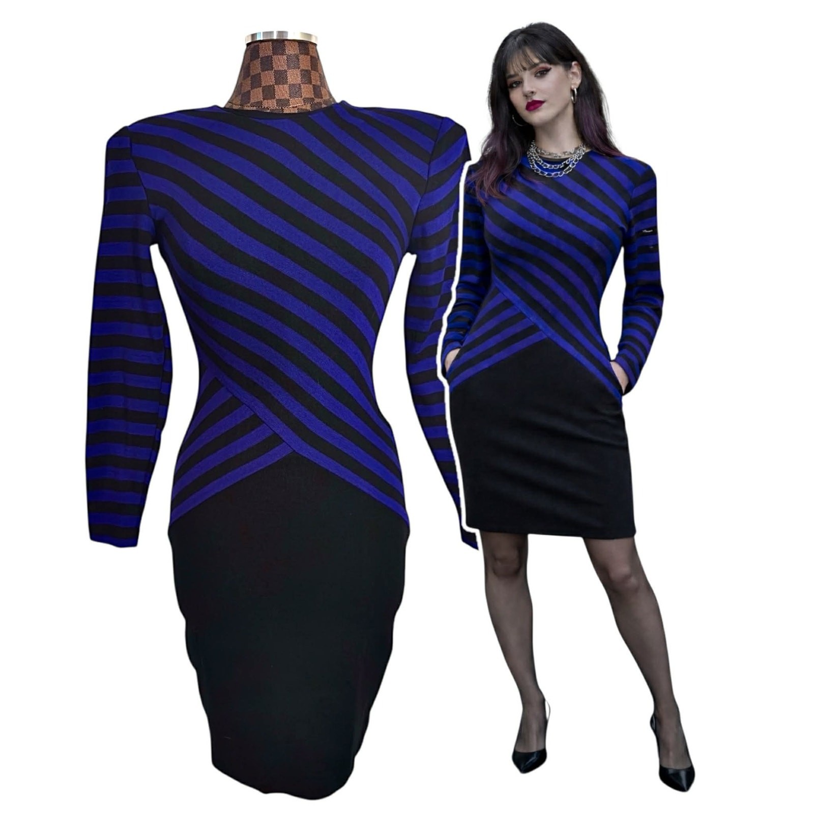 Moda Int’l Purple Black Striped Knit Dress Size Small Vtg 80s Retro Mod New Wave