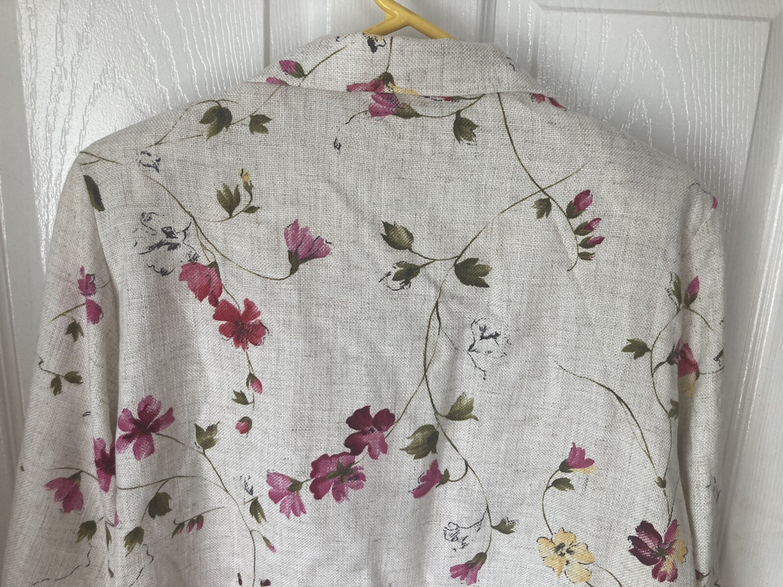 M Scattered Floral Textured Weave Vtg 80s V-neck Pocket Blazer 3/4 Sleeve Jacket