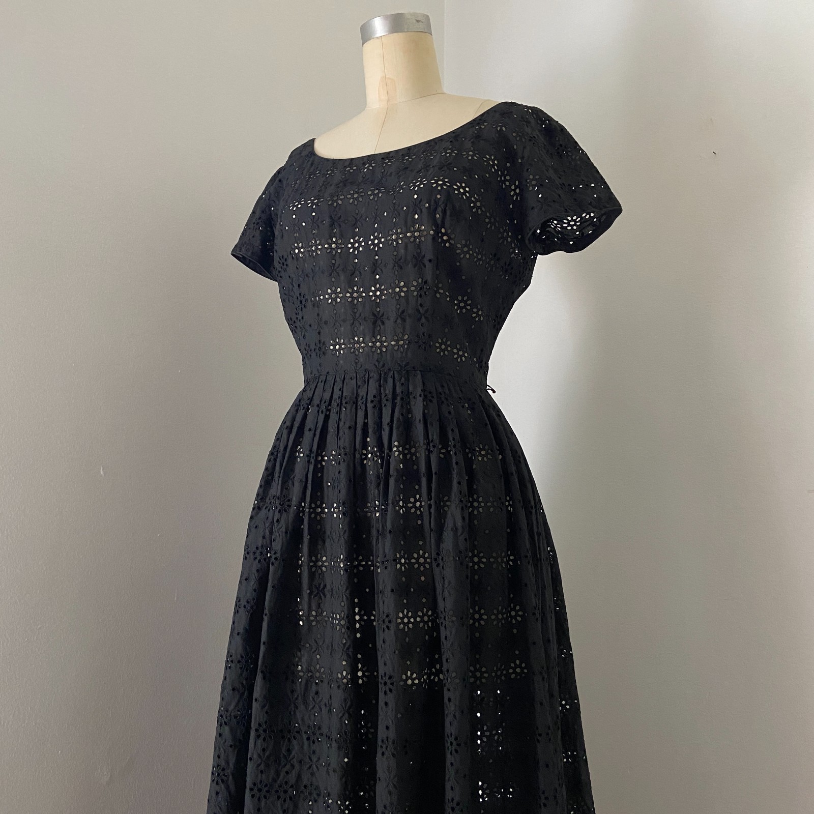 Vintage 1950s Sheer Cotton Eyelet Dress Black Small Medium 27 in Waist