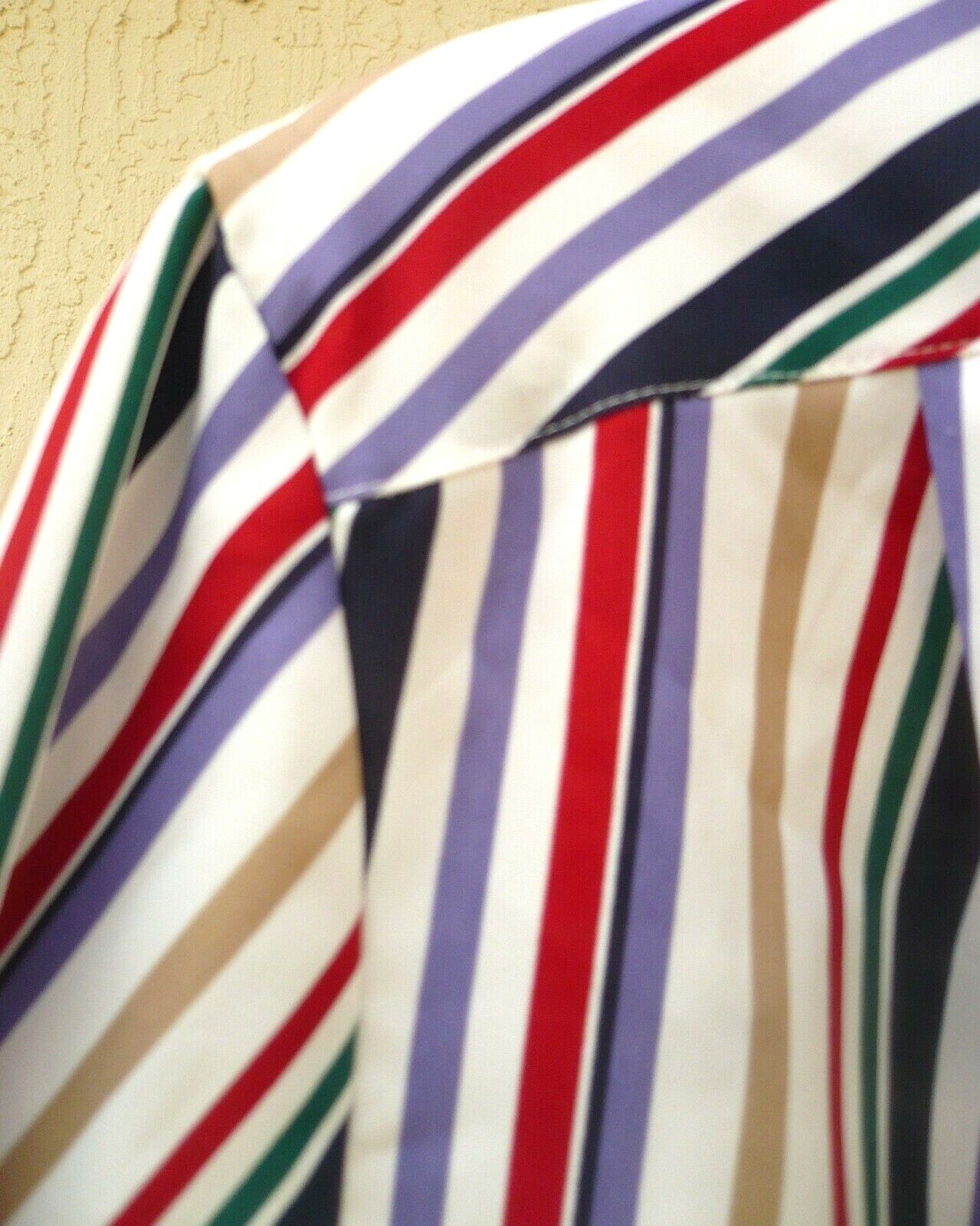 VTG 80S L BUTTON UP COLORFUL RED PURPLE GREEN TAN STRIPED SECRETARY BLOUSE WOMEN