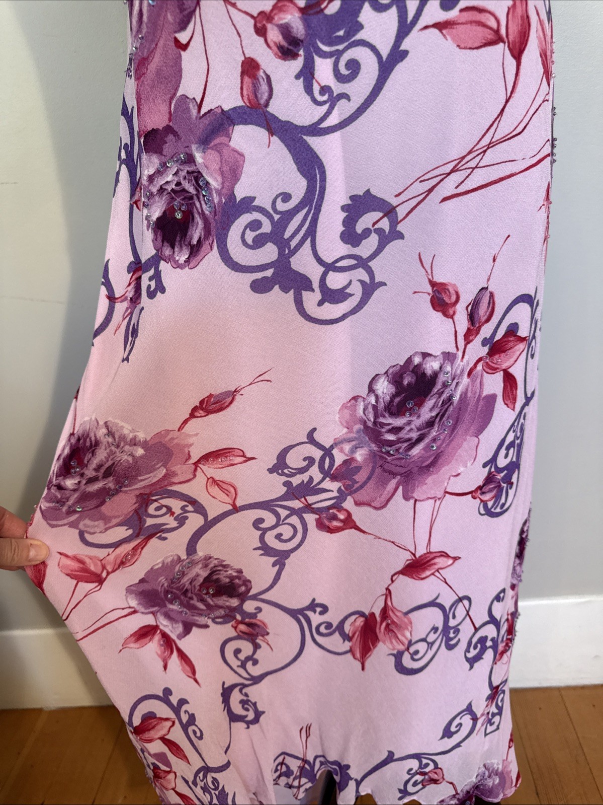 Vintage Y2K Floral Slip Dress Bias Cut Cowl Neckline Beading Best Fit M