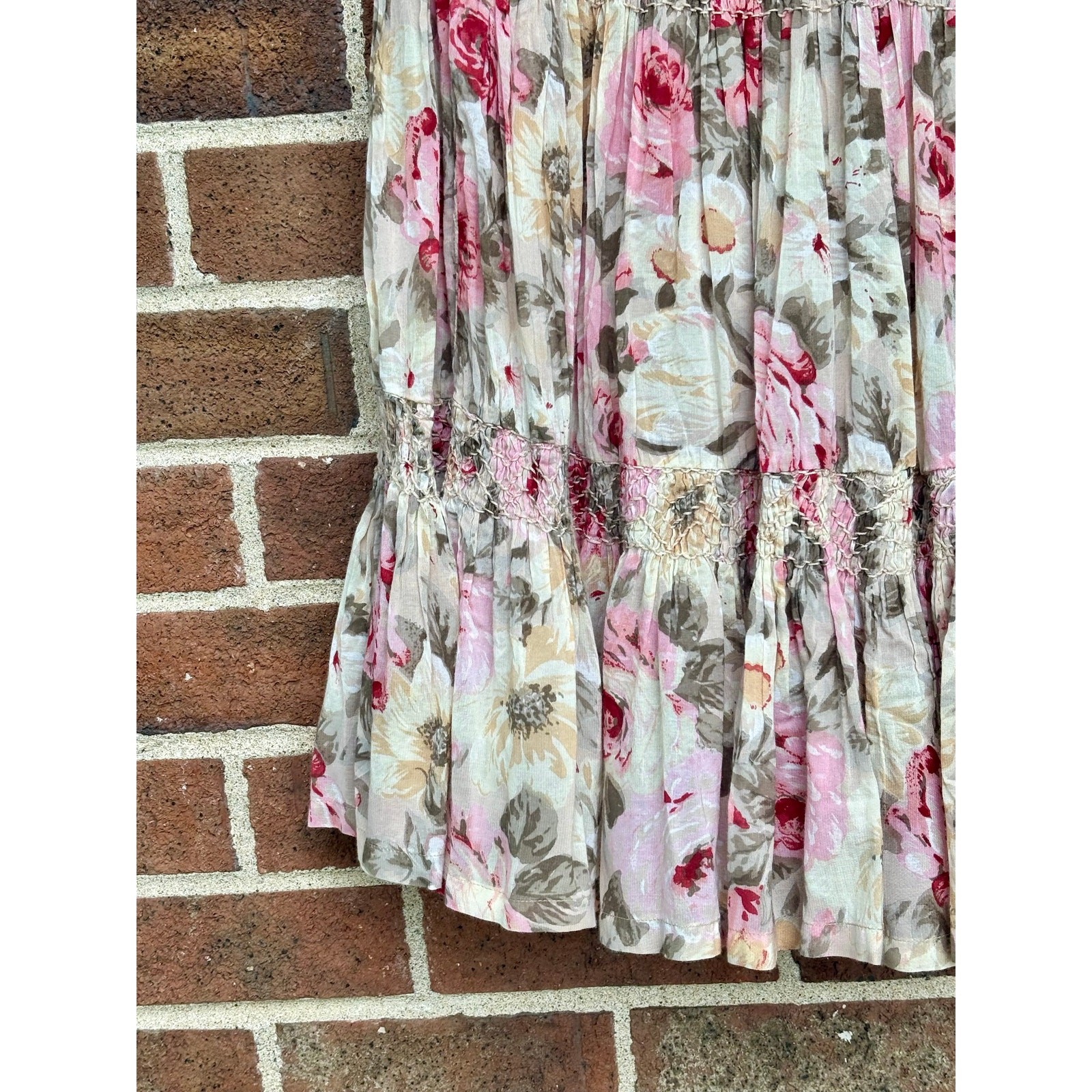 Vintage 1980s Passports Pier 1 Floral Skirt Pink Brown Rayon Cotton Boho Tiers