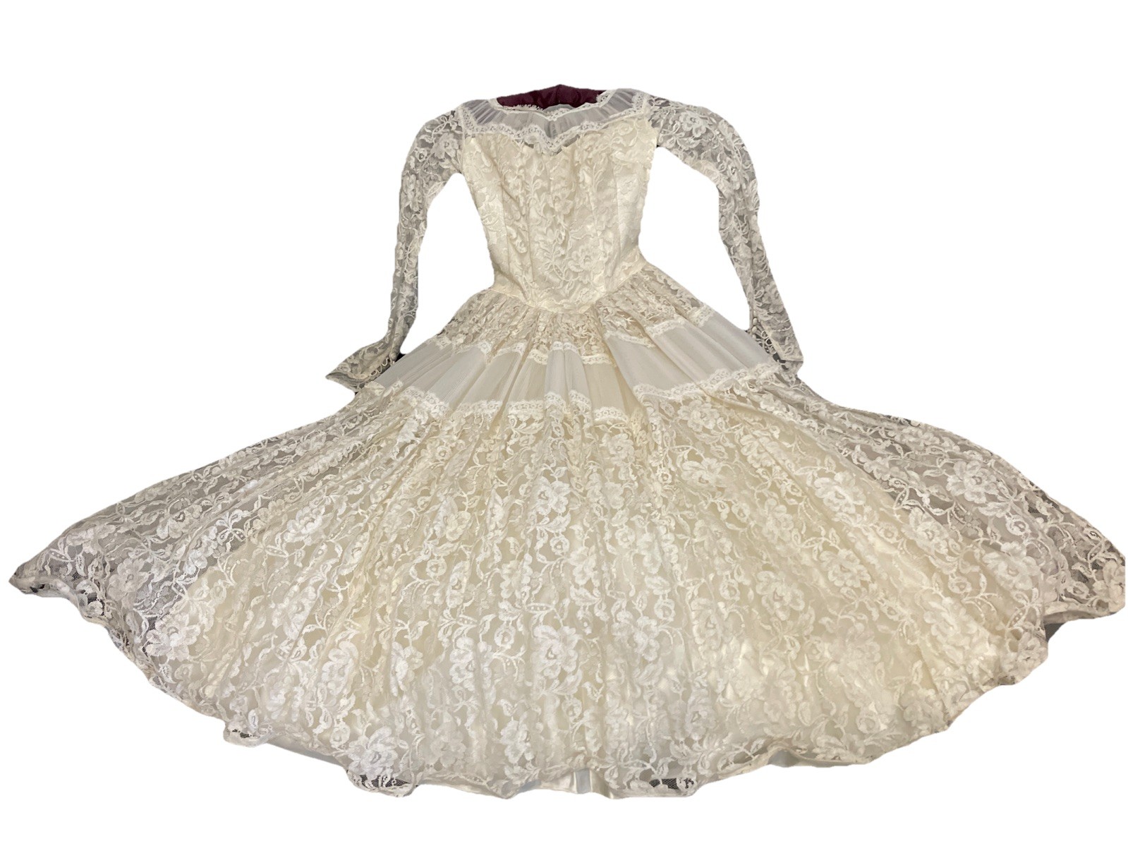 Vtg 1950’s Maurer Ivory Full Lace Wedding Dress-Bust 30/2XS