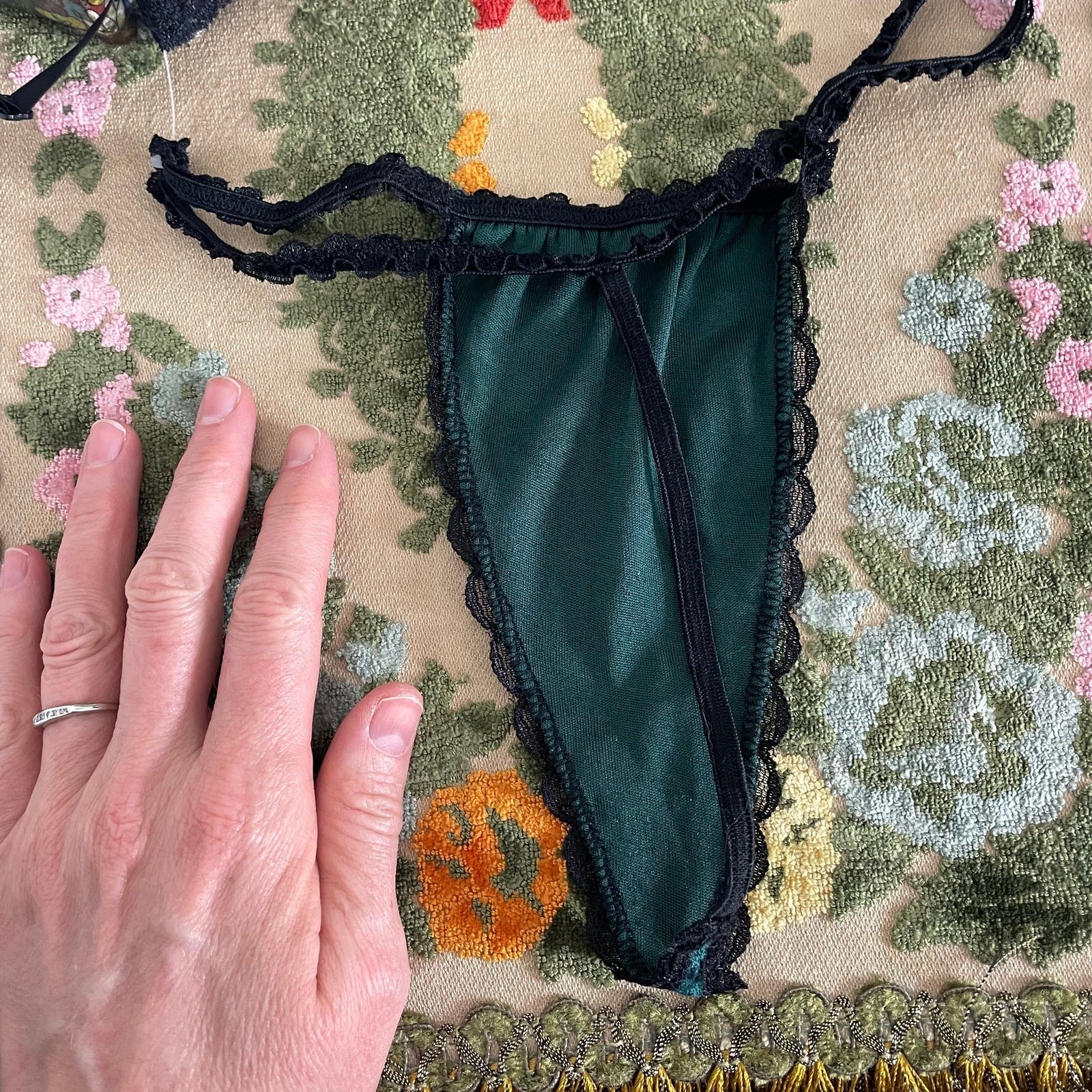 Vintage Green Velvet Teddy w Black Lace Trim, 1970s Corset Style Top w Panty, M