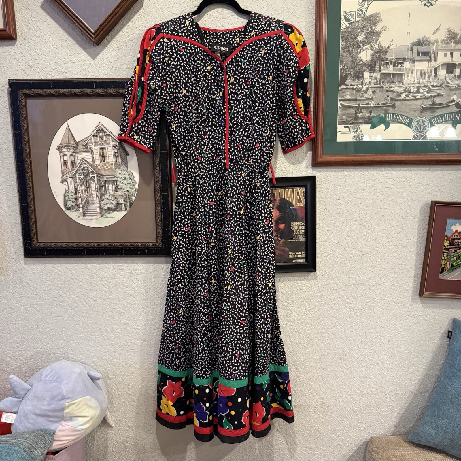Vintage 80s RARE Choon California Dress Full Skirt Pockets Size 8 Colorful Twirl