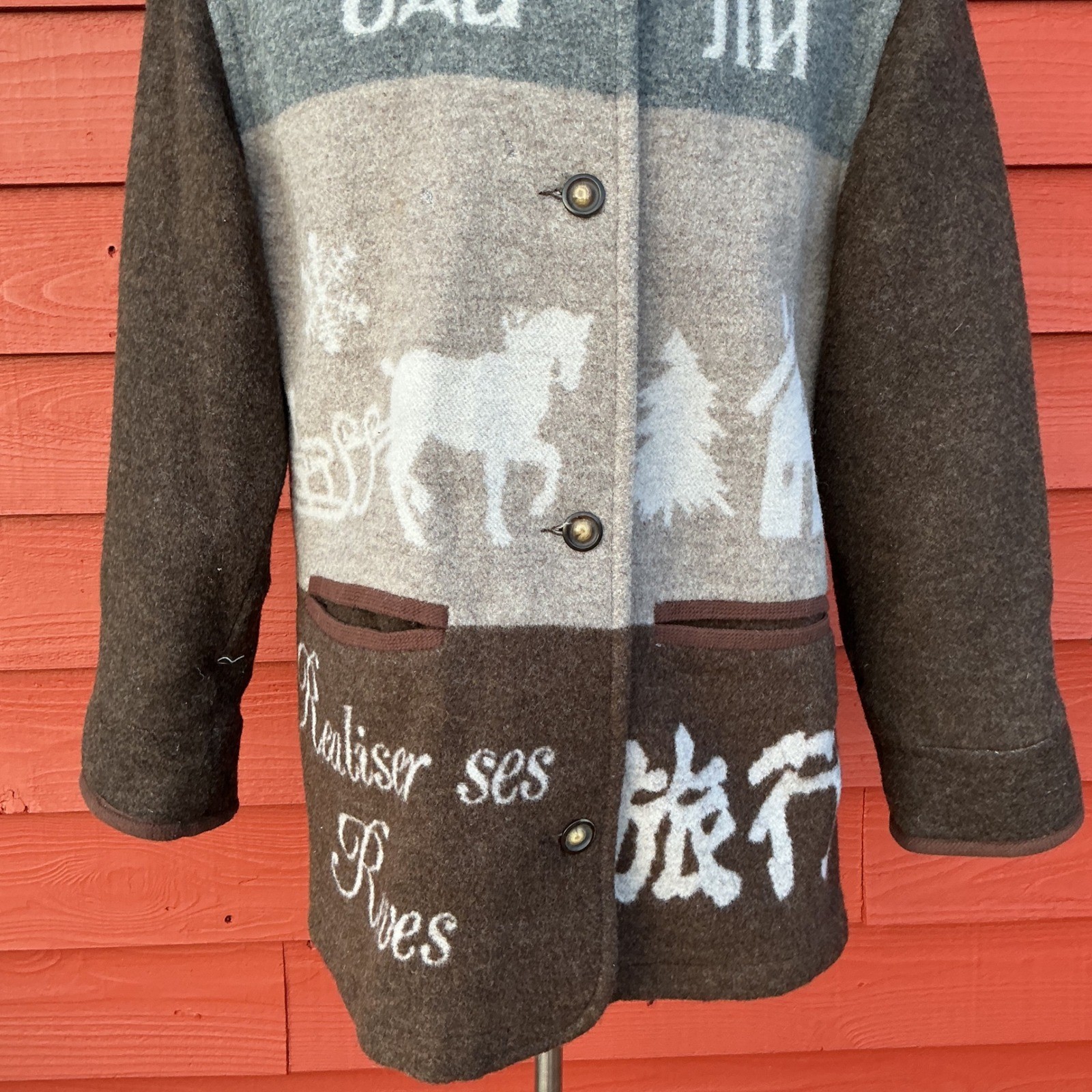 Gallery Wool Blend Coat Womens Small Gray Horse Snowflake Faux Shearling Vintage