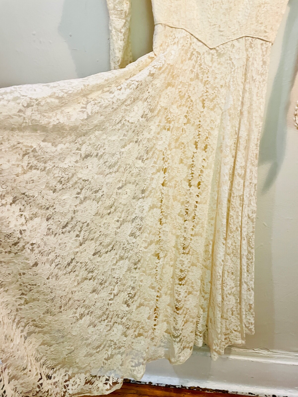 VTG 50’S OFF WHITE LACE&TULLE PEARLS NEW LOOK CIRCLE SKIRT WEDDING DRESS *XXS/XS