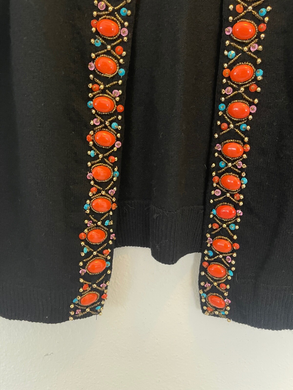 CERVELLE Sweater Beaded Embellished Open Cardigan Ramie Cotton Black Vintage L