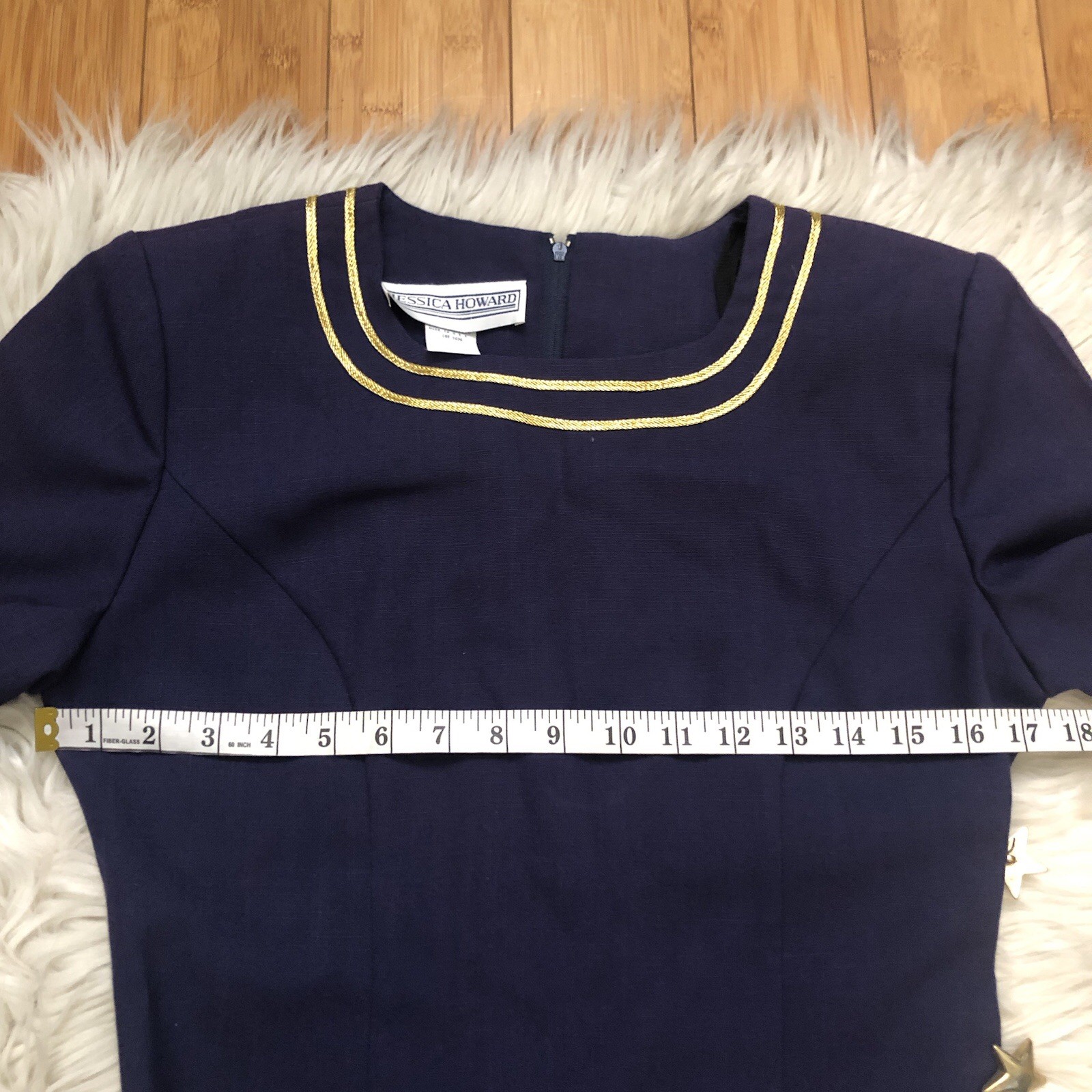 Jessica Howard Sailor Nautical Stars Linen Navy Gold Trim Sheath Dress size 6