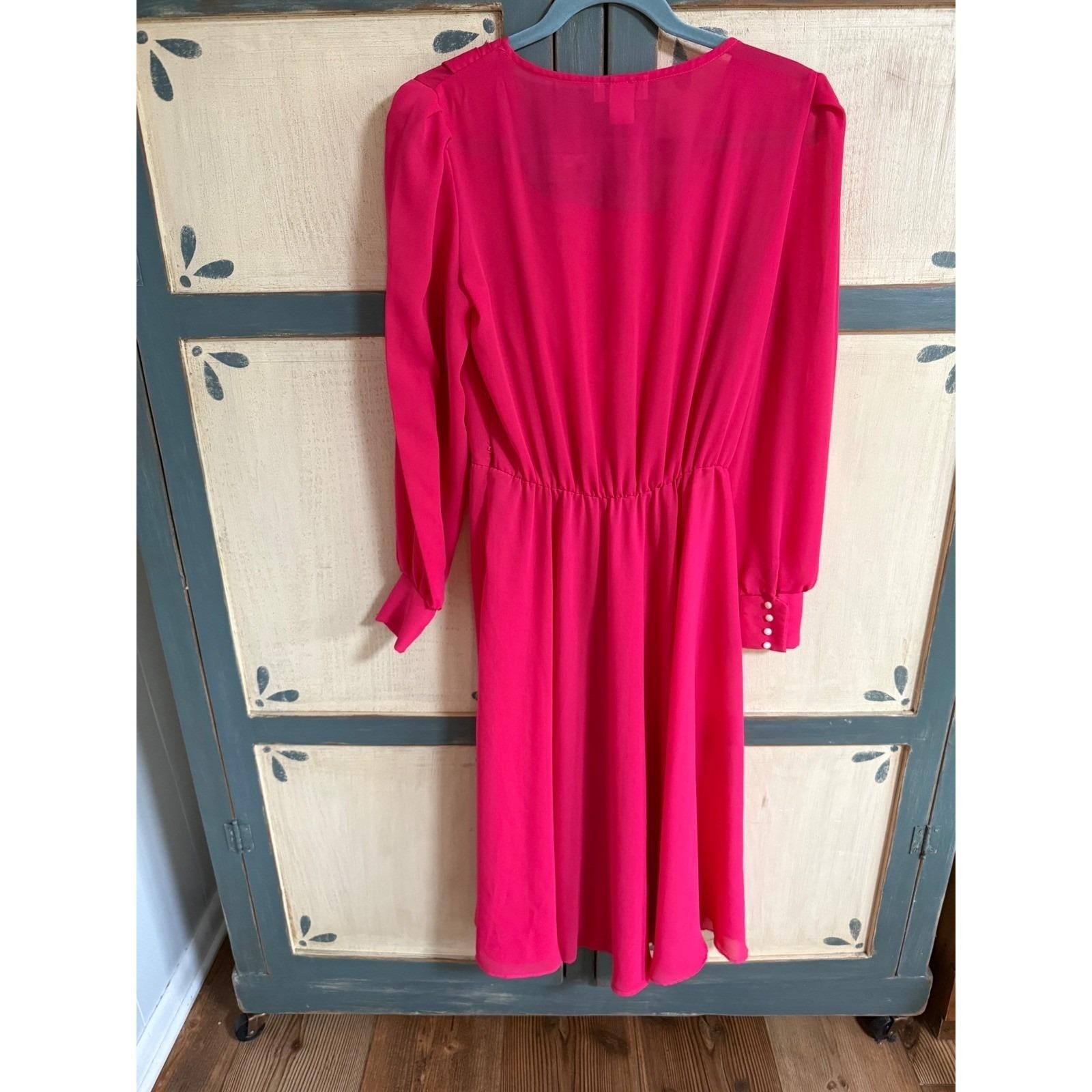Alicia Vintage Hot Pink Cowl Neck Midi Dress Long Sleeve Elastic Waist Size 14