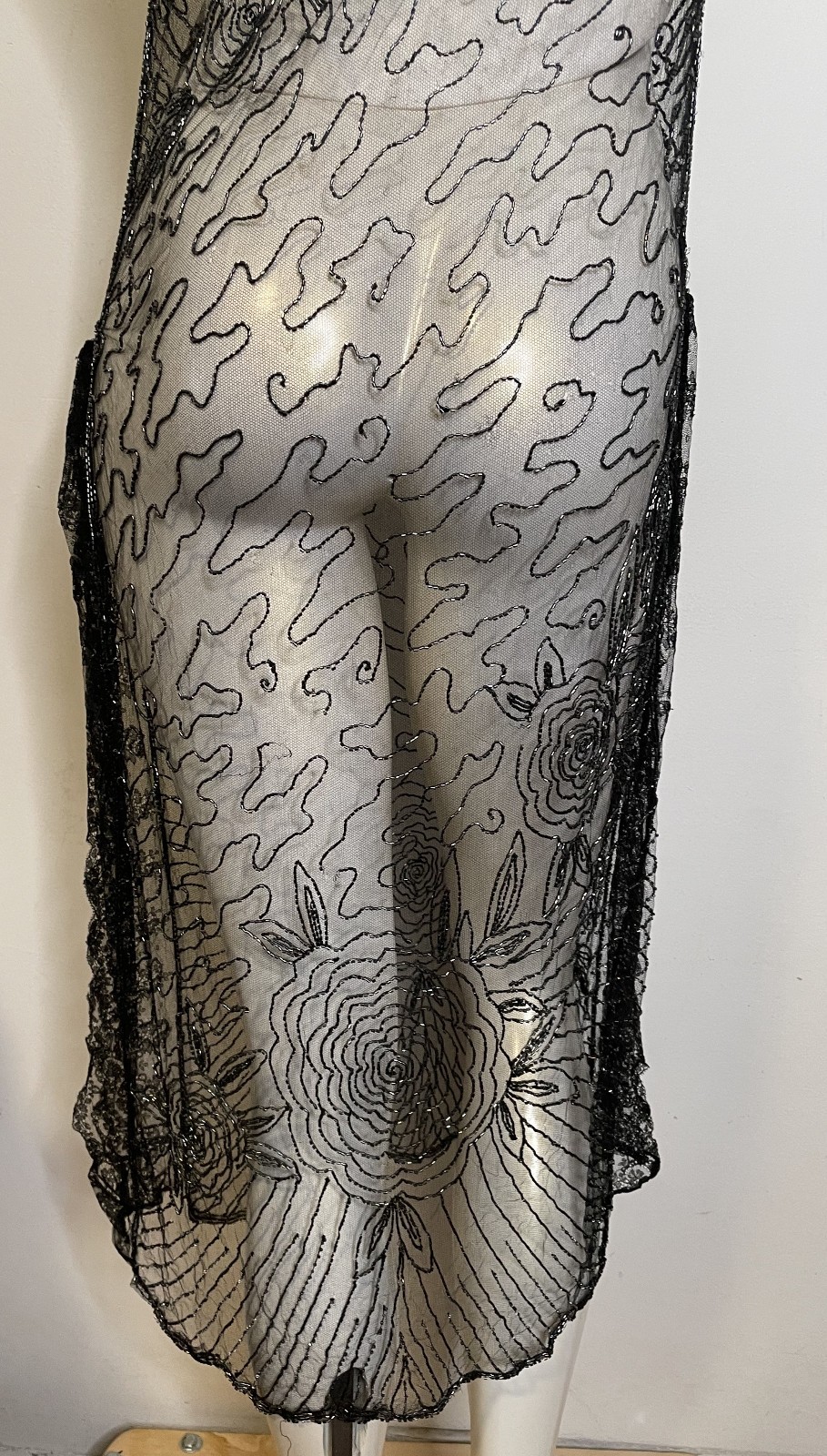 Antique 30s Art Deco Black Lace Sheer Beaded Dress S XS Floral Holes