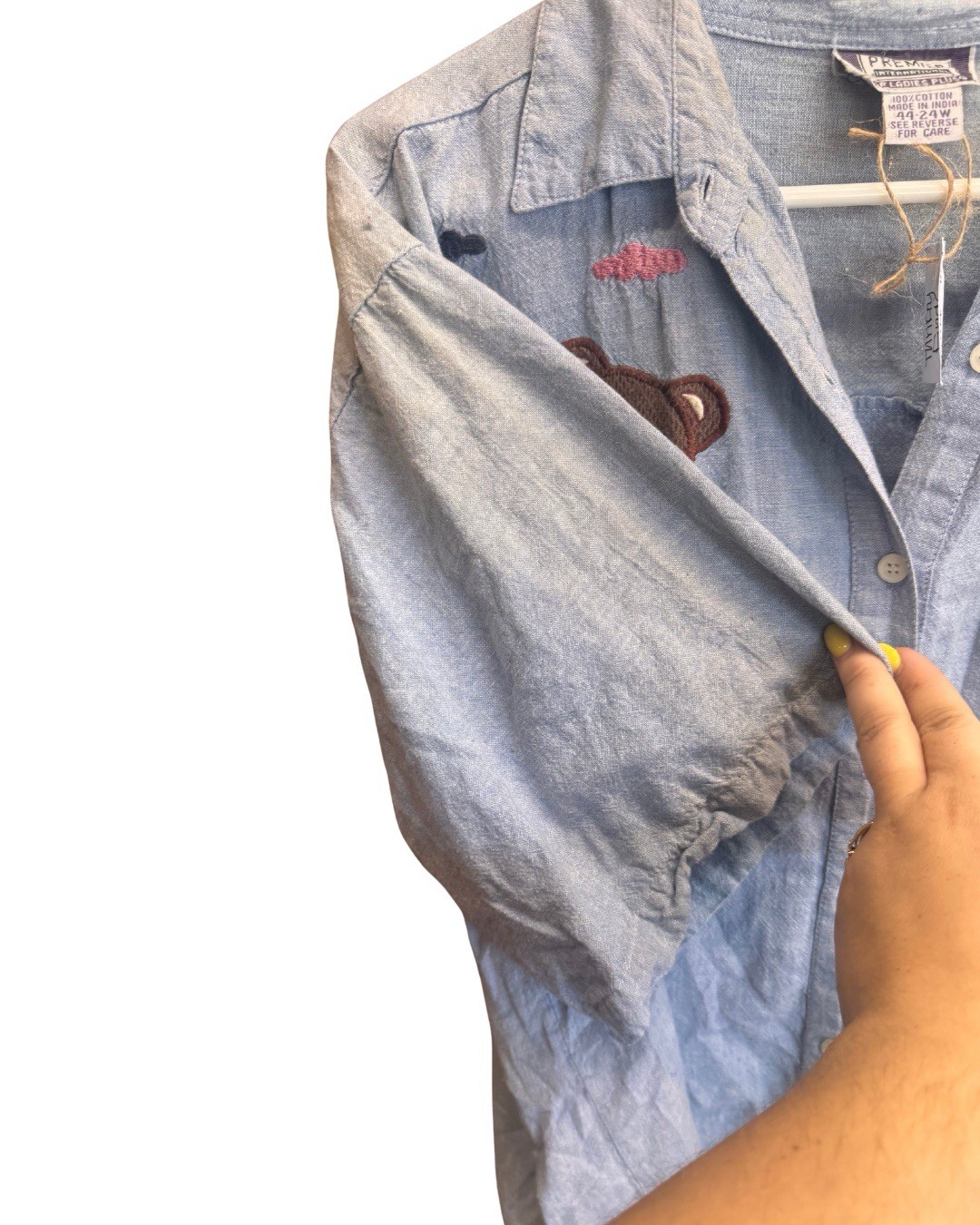 Vintage XXL Light Wash Denim Teddy Bear Cottage Core Button Down Womens Top ￼