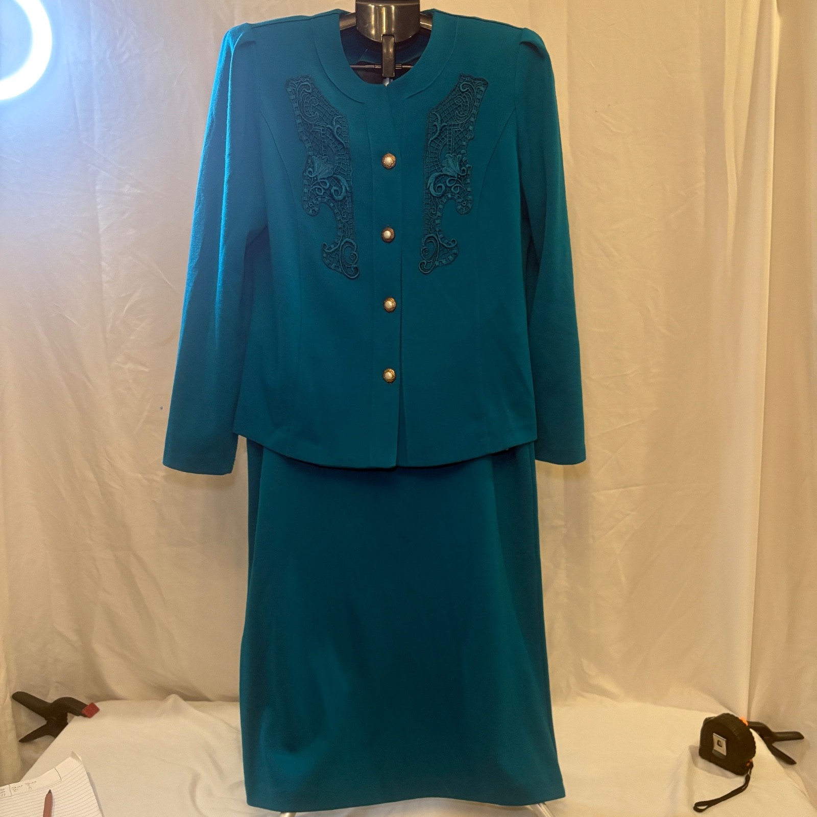 Pablo Collection Blue/Green V-Neck Button Lace Skirt Suit Set Size P14 Vtg 80s